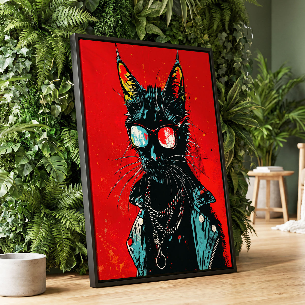 Rebel Cat in Red, red, black, blue abstract wall art displayed in a styled interior, gallery view 2