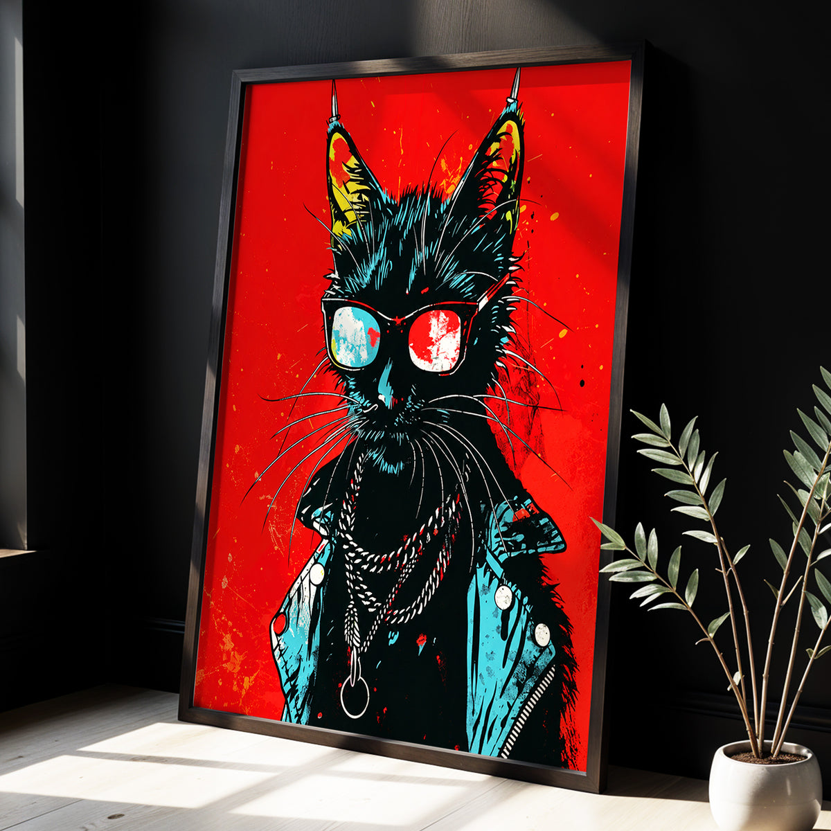 Rebel Cat in Red, red, black, blue abstract wall art displayed in a styled interior, gallery view 3