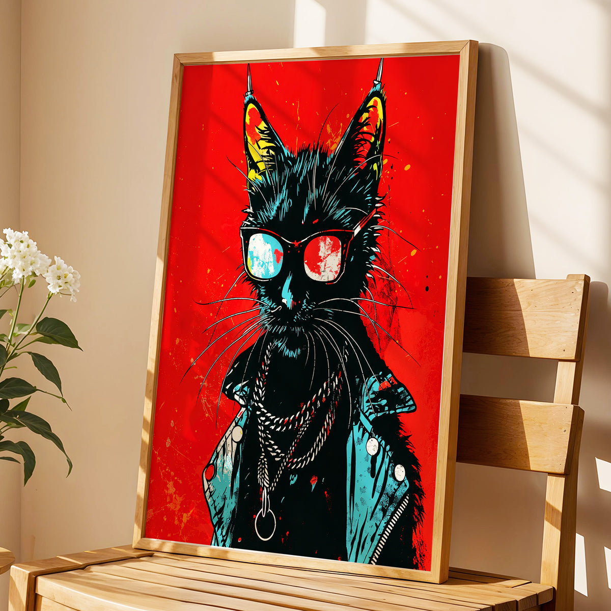 Rebel Cat in Red, red, black, blue abstract wall art displayed in a styled interior, gallery view 4