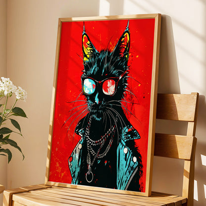 Rebel Cat in Red, red, black, blue abstract wall art displayed in a styled interior, gallery view 4