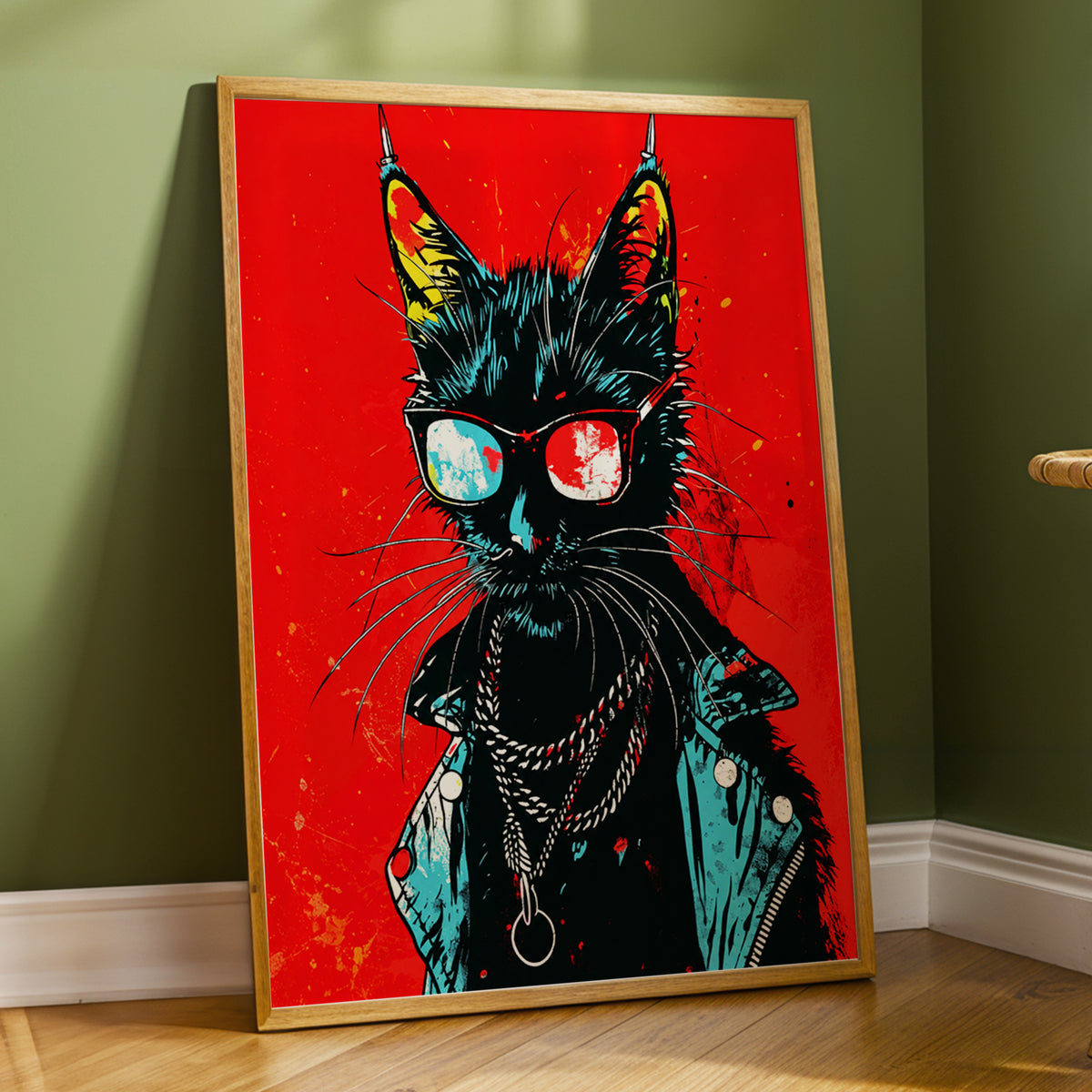Rebel Cat in Red, red, black, blue abstract wall art displayed in a styled interior, gallery view 5