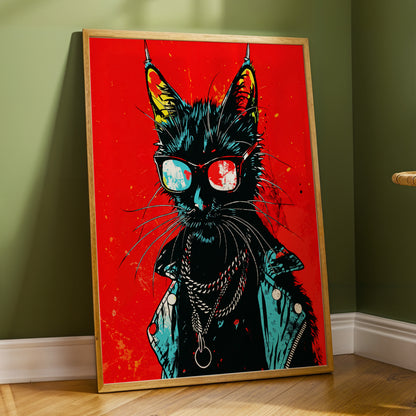 Rebel Cat in Red, red, black, blue abstract wall art displayed in a styled interior, gallery view 5