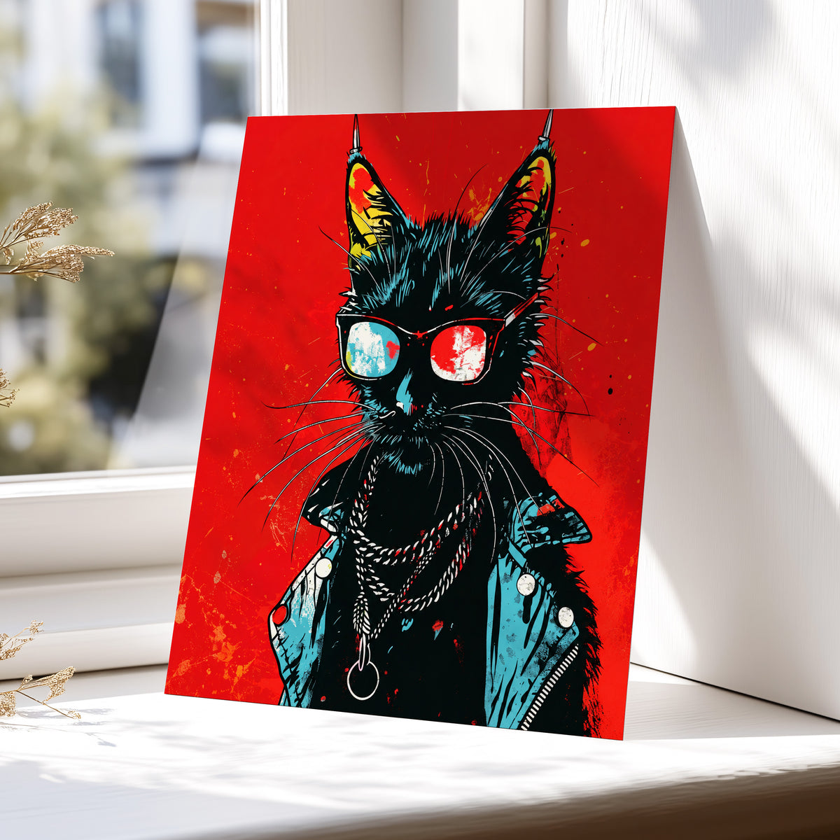 Rebel Cat in Red, red, black, blue abstract wall art displayed in a styled interior, gallery view 6