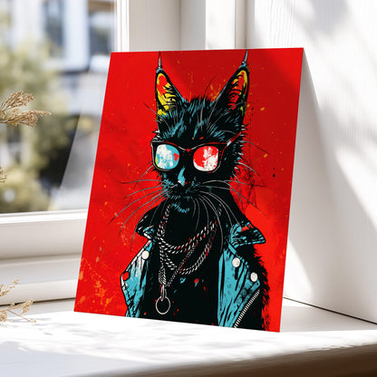 Rebel Cat in Red, red, black, blue abstract wall art displayed in a styled interior, gallery view 6
