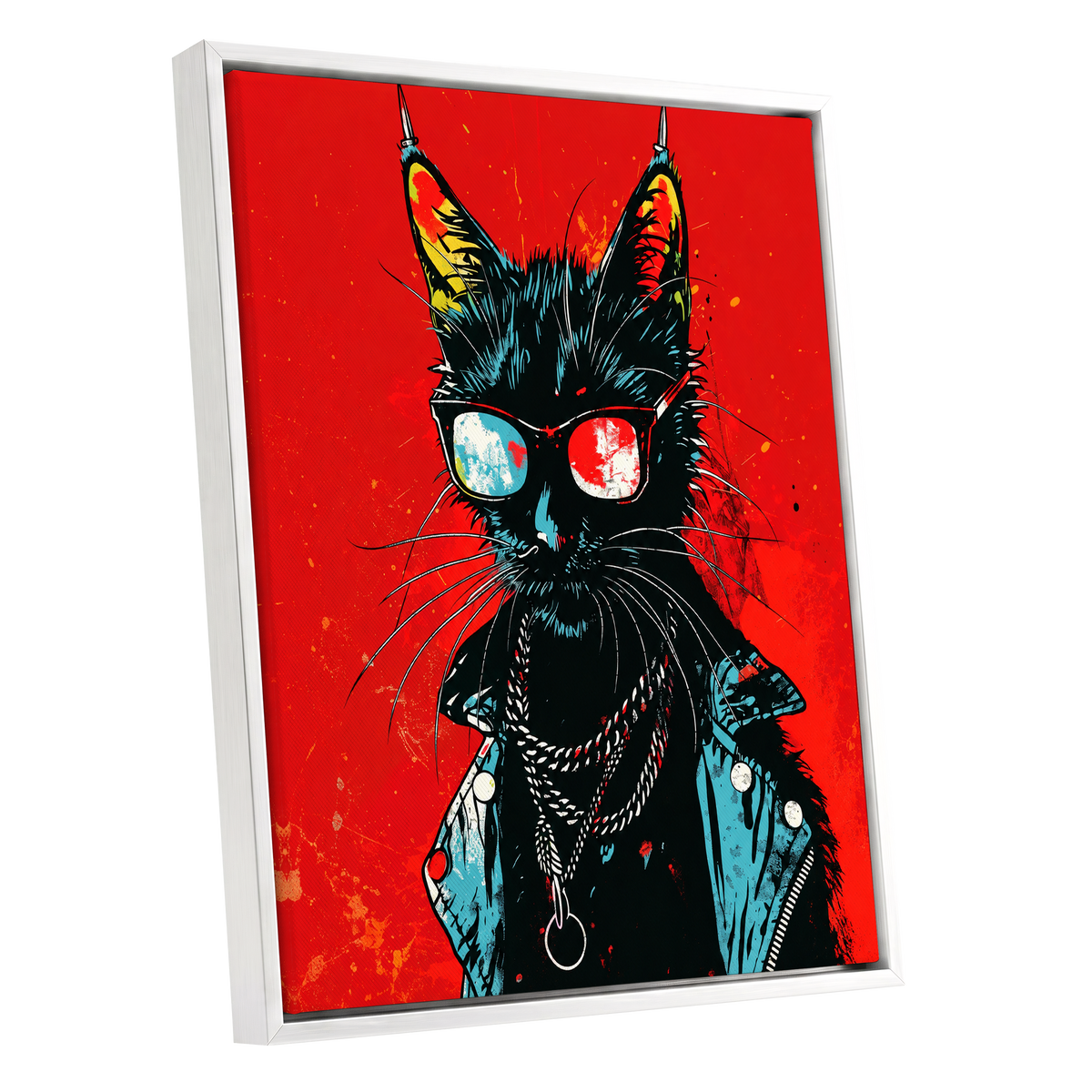 Rebel Cat in Red, red, black, blue abstract wall art shown as a white framed canvas wall art