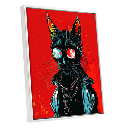 Rebel Cat in Red, red, black, blue abstract wall art shown as a white framed canvas wall art