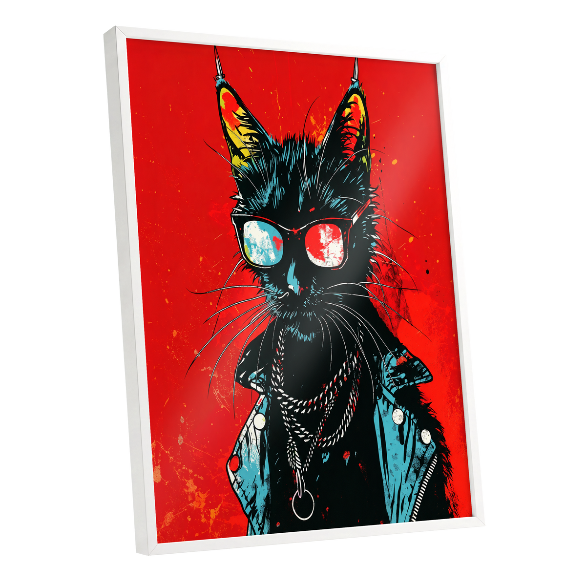 Rebel Cat in Red, red, black, blue abstract wall art shown as a white framed poster wall art print