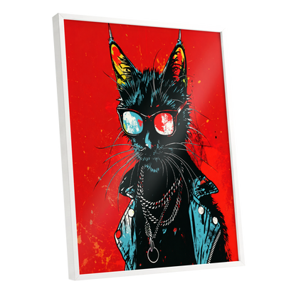 Rebel Cat in Red, red, black, blue abstract wall art shown as a white framed poster wall art print