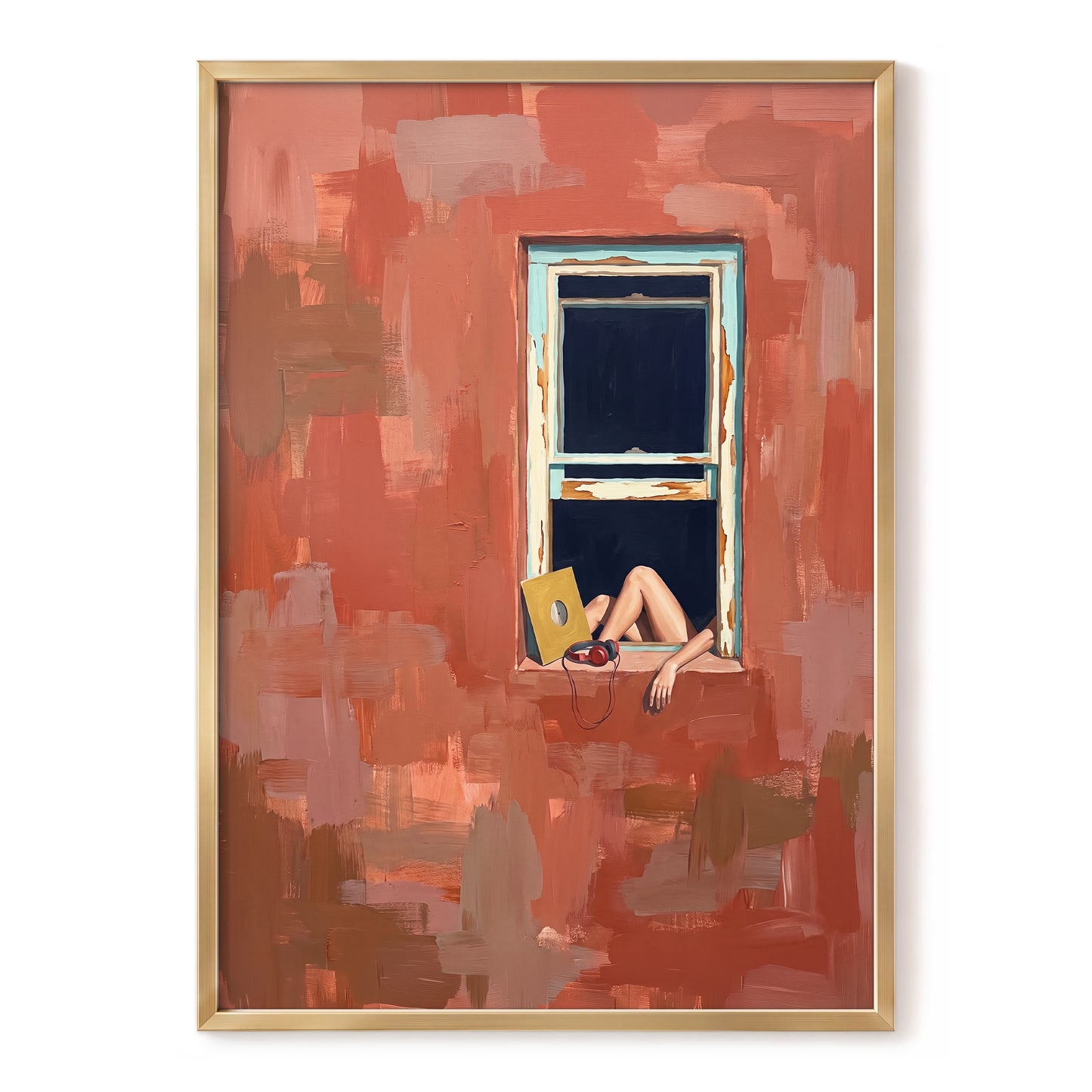 Records by the Window, orange, brown, blue abstract wall art, front artwork view