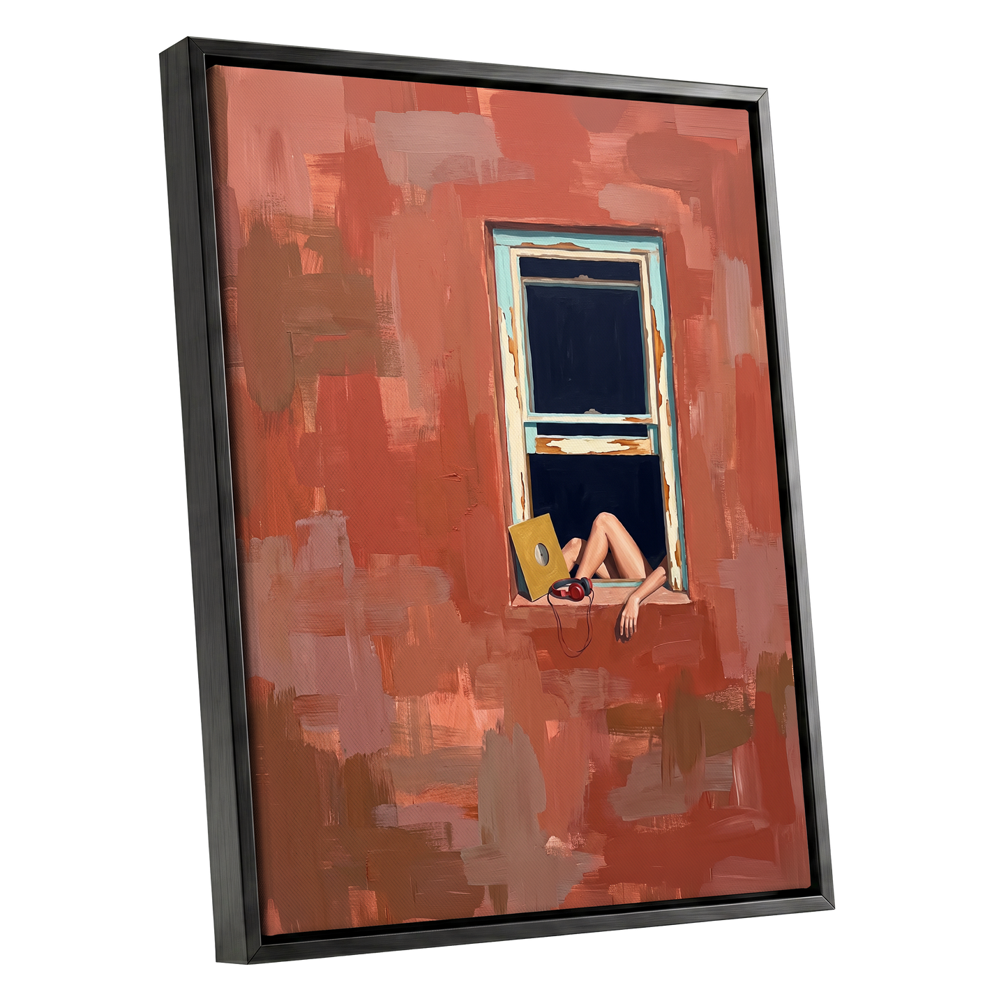 Records by the Window, orange, brown, blue abstract wall art shown as a black framed canvas wall art