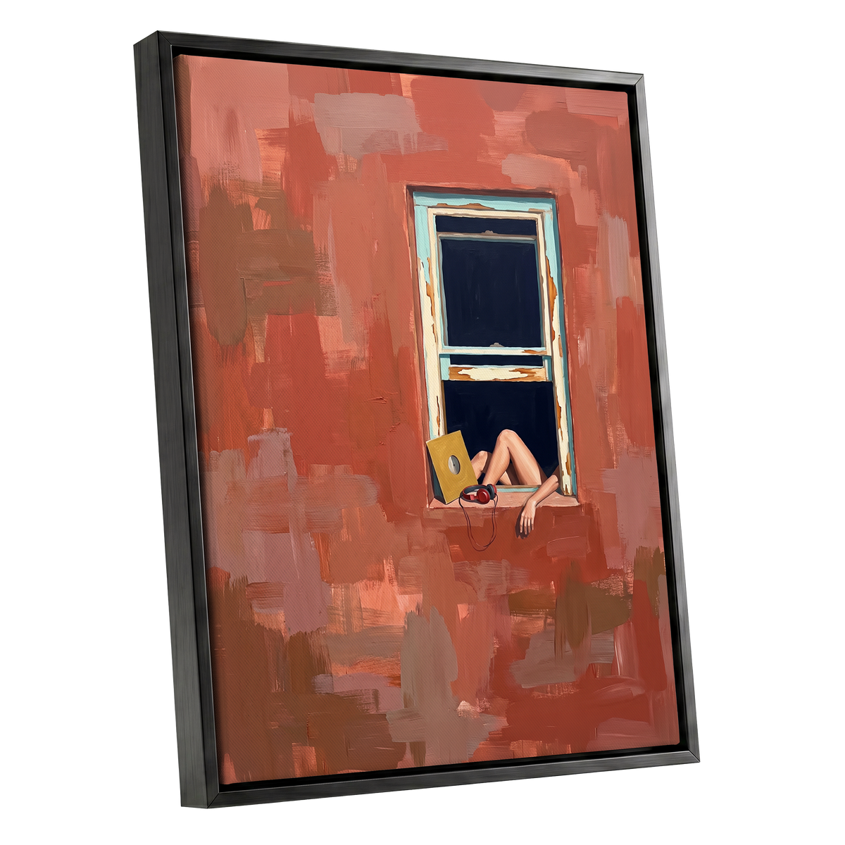 Records by the Window, orange, brown, blue abstract wall art shown as a black framed canvas wall art