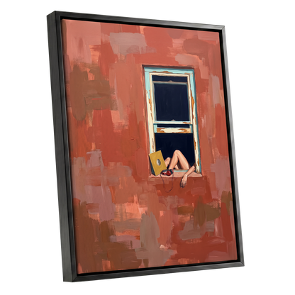 Records by the Window, orange, brown, blue abstract wall art shown as a black framed canvas wall art