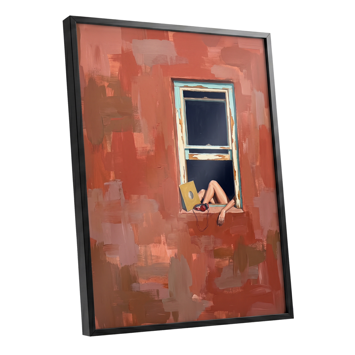 Records by the Window, orange, brown, blue abstract wall art shown as a black framed poster wall art print
