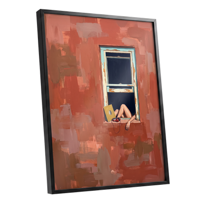 Records by the Window, orange, brown, blue abstract wall art shown as a black framed poster wall art print