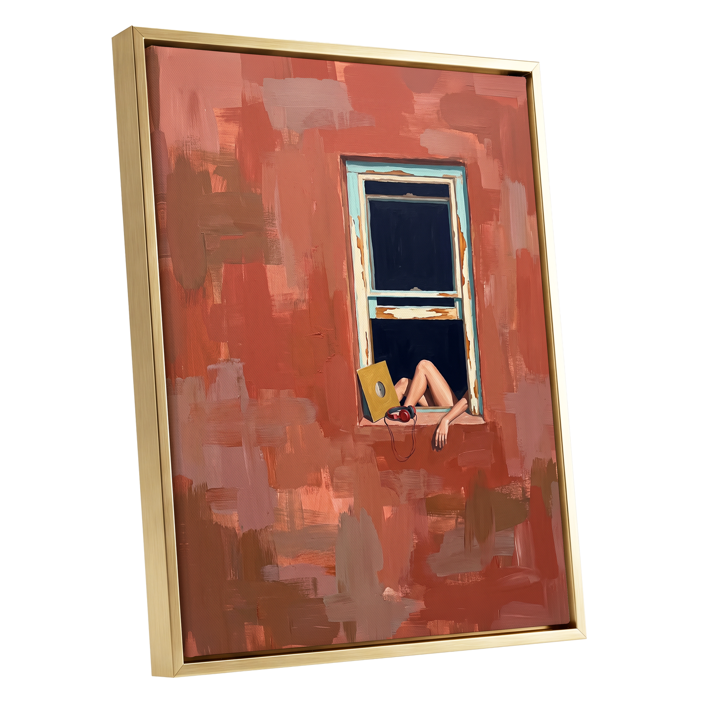 Records by the Window, orange, brown, blue abstract wall art shown as a gold framed canvas wall art