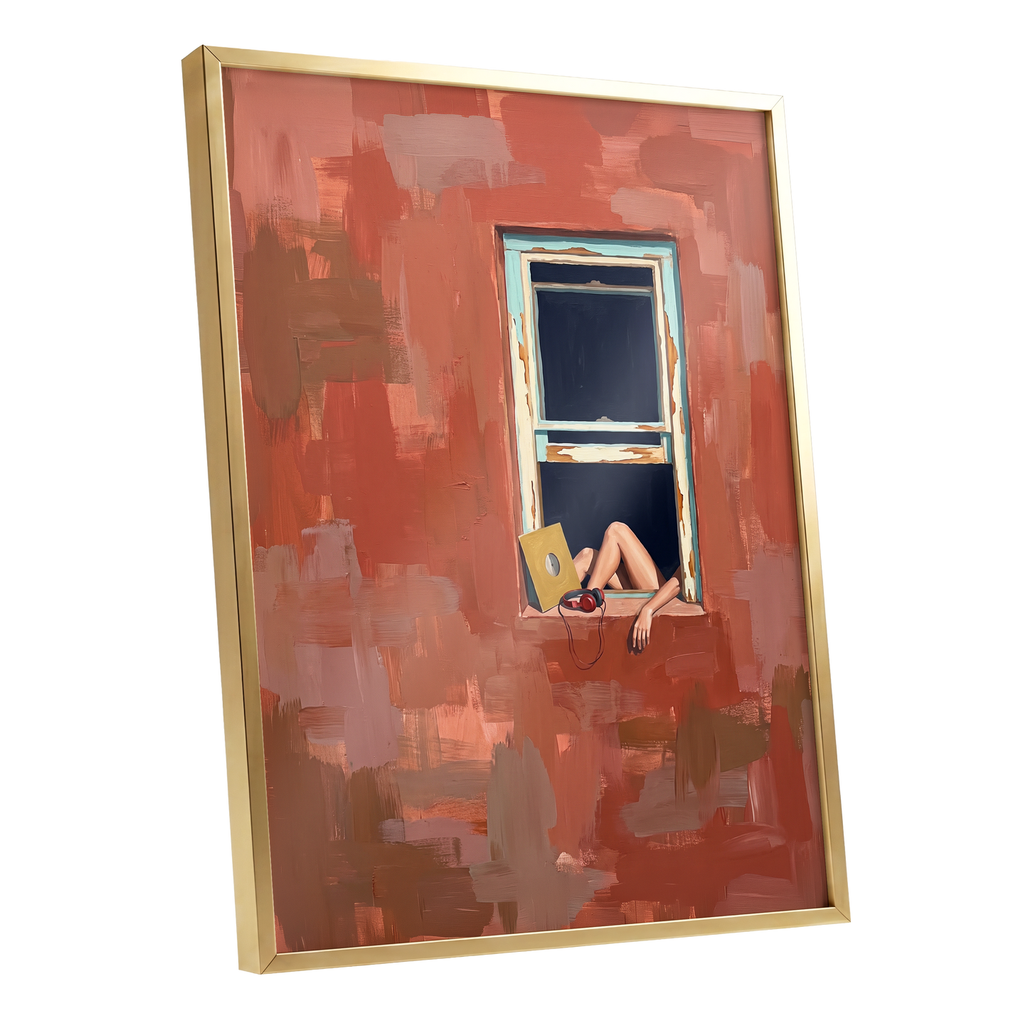 Records by the Window, orange, brown, blue abstract wall art shown as a gold framed poster wall art print