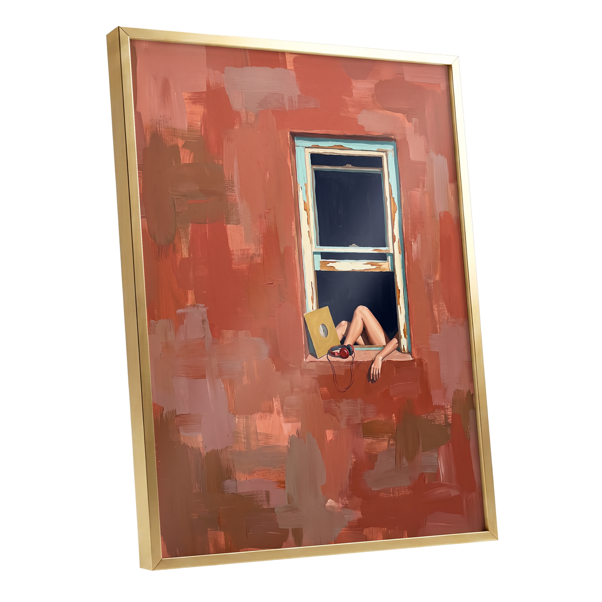 Records by the Window, orange, brown, blue abstract wall art shown as a gold framed poster wall art print