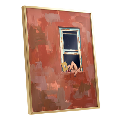 Records by the Window, orange, brown, blue abstract wall art shown as a gold framed poster wall art print
