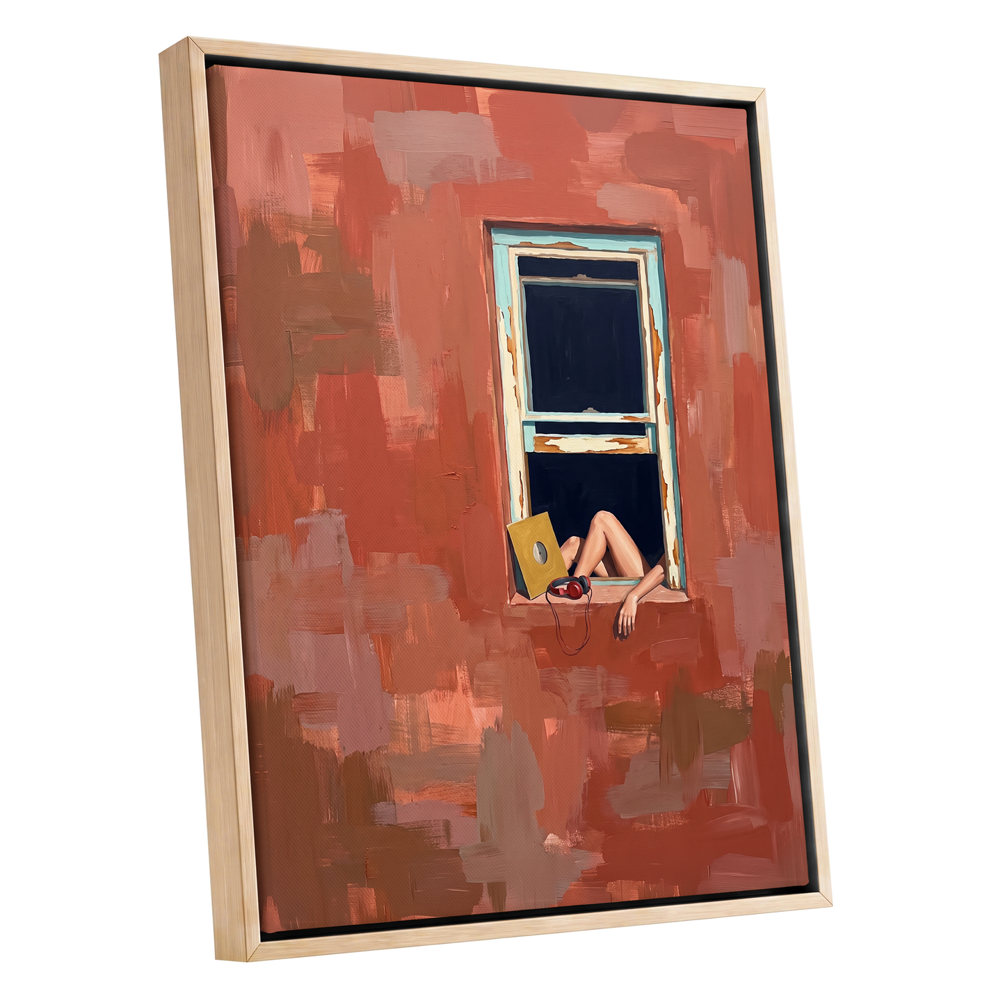 Records by the Window, orange, brown, blue abstract wall art shown as a oak framed canvas wall art