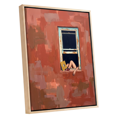 Records by the Window, orange, brown, blue abstract wall art shown as a oak framed canvas wall art