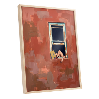 Records by the Window, orange, brown, blue abstract wall art shown as a oak framed poster wall art print