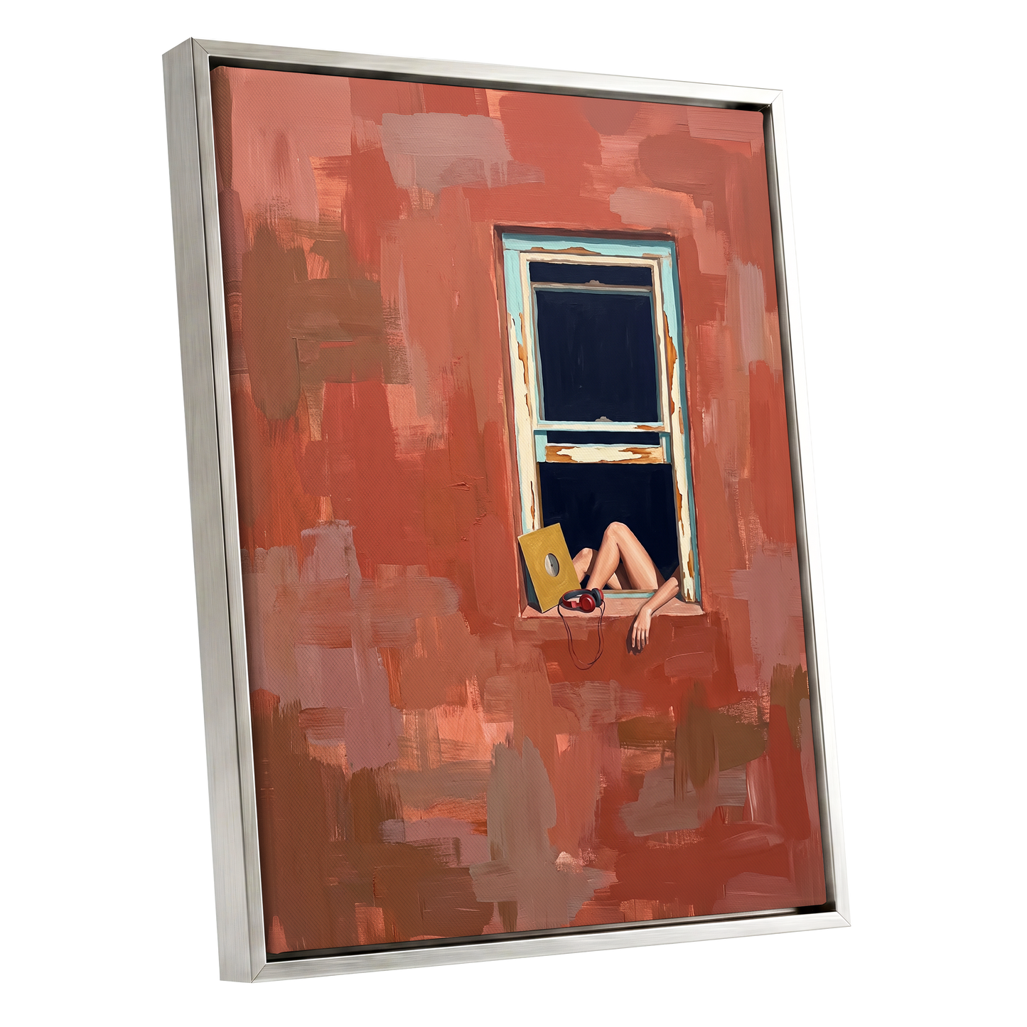 Records by the Window, orange, brown, blue abstract wall art shown as a silver framed canvas wall art