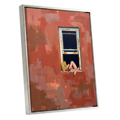 Records by the Window, orange, brown, blue abstract wall art shown as a silver framed canvas wall art