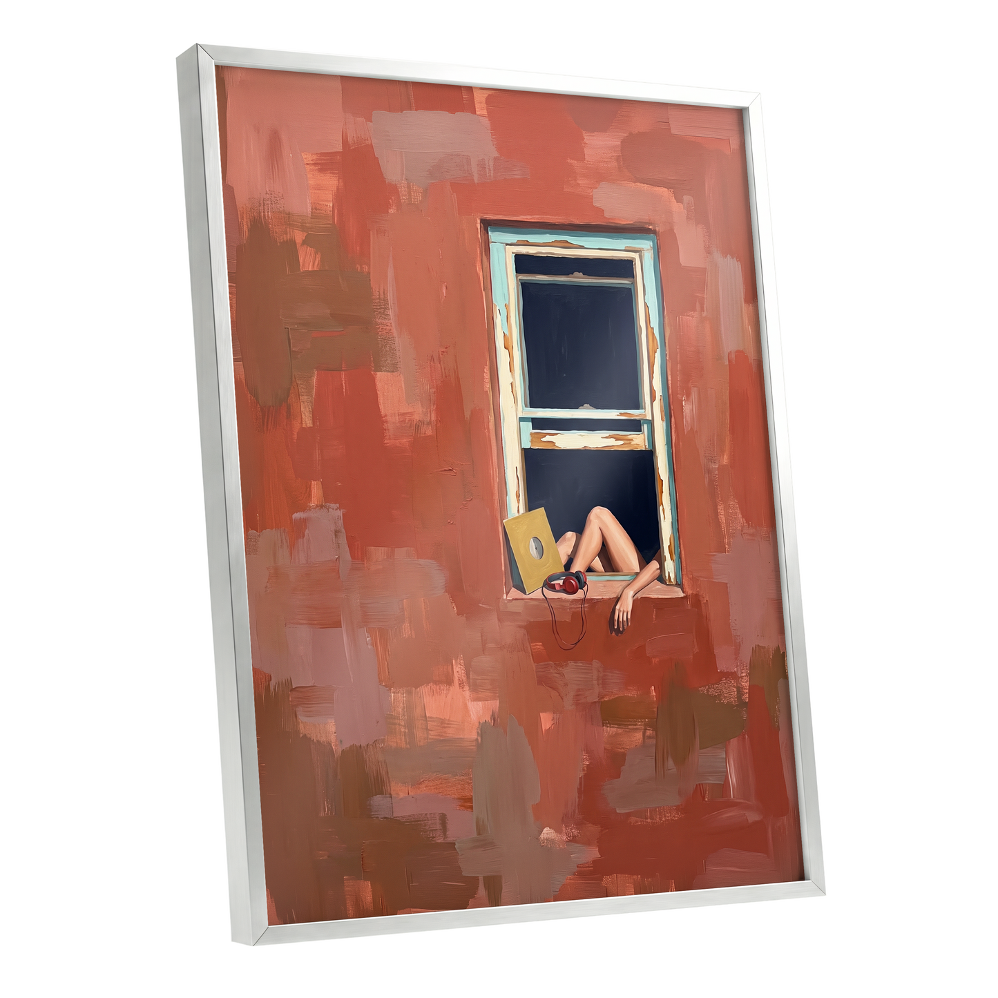 Records by the Window, orange, brown, blue abstract wall art shown as a silver framed poster wall art print