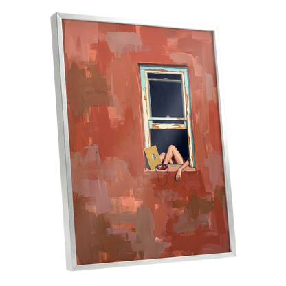 Records by the Window, orange, brown, blue abstract wall art shown as a silver framed poster wall art print