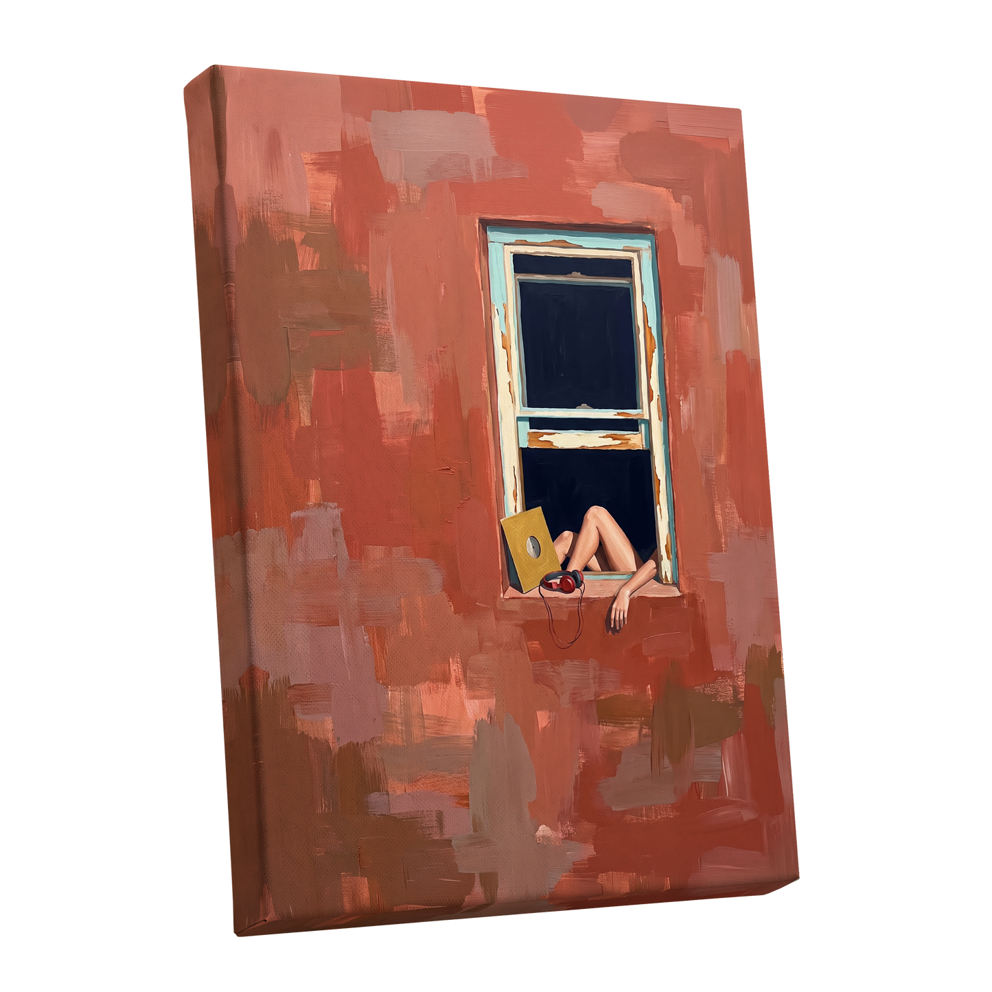 Records by the Window, orange, brown, blue abstract wall art shown as a stretched canvas wall art