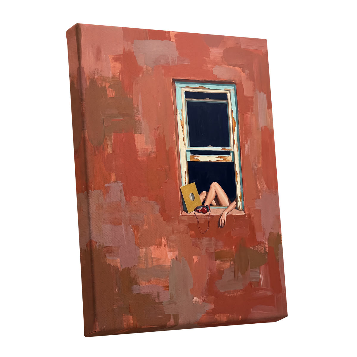 Records by the Window, orange, brown, blue abstract wall art shown as a stretched canvas wall art