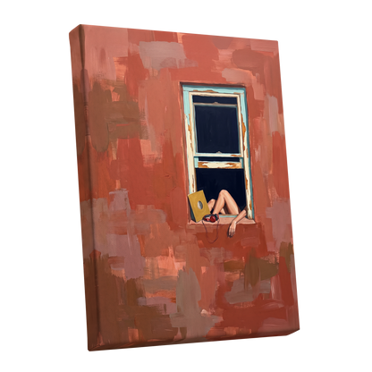 Records by the Window, orange, brown, blue abstract wall art shown as a stretched canvas wall art