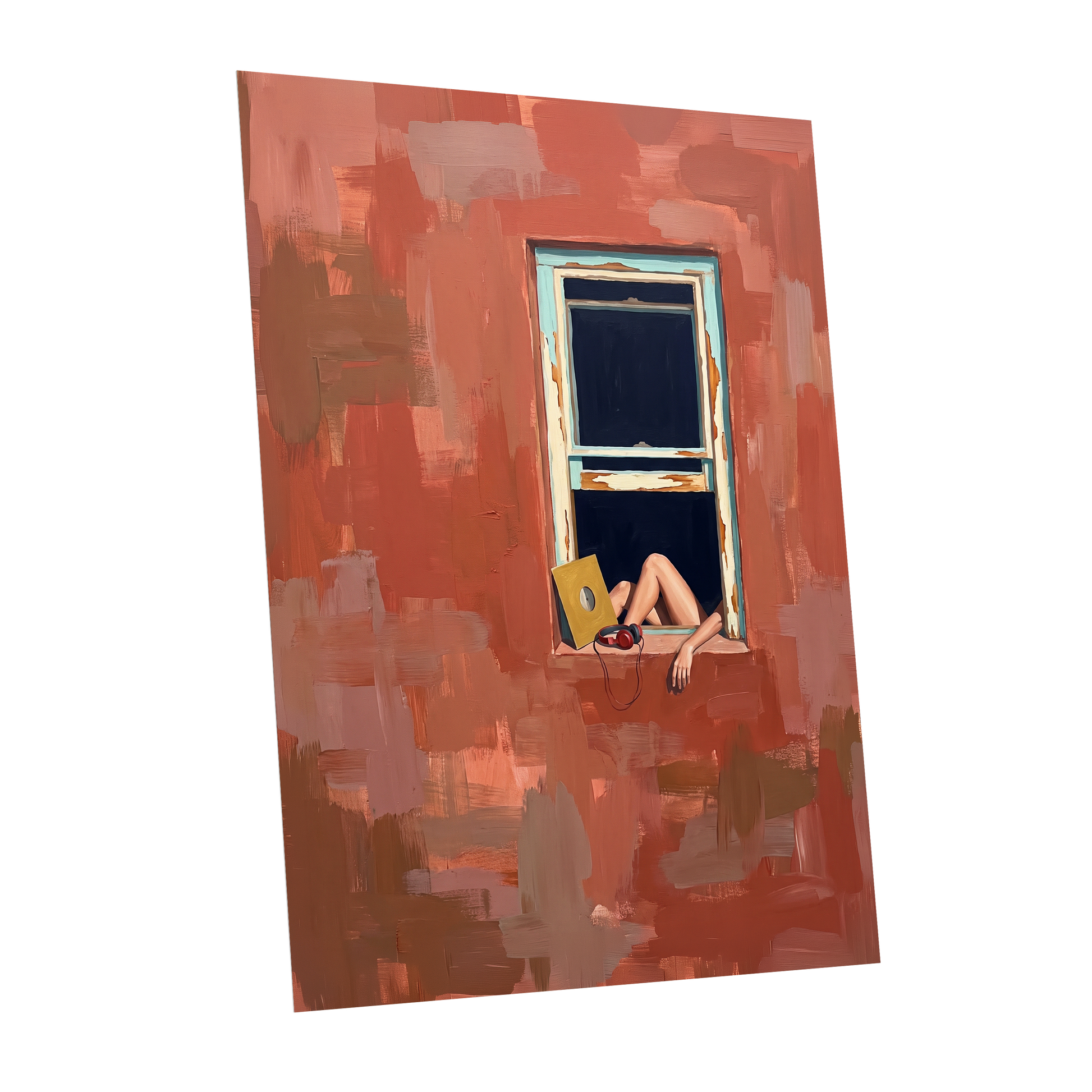 Records by the Window, orange, brown, blue abstract wall art shown as a unframed poster wall art print