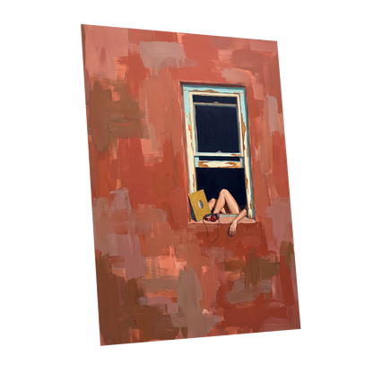 Records by the Window, orange, brown, blue abstract wall art shown as a unframed poster wall art print