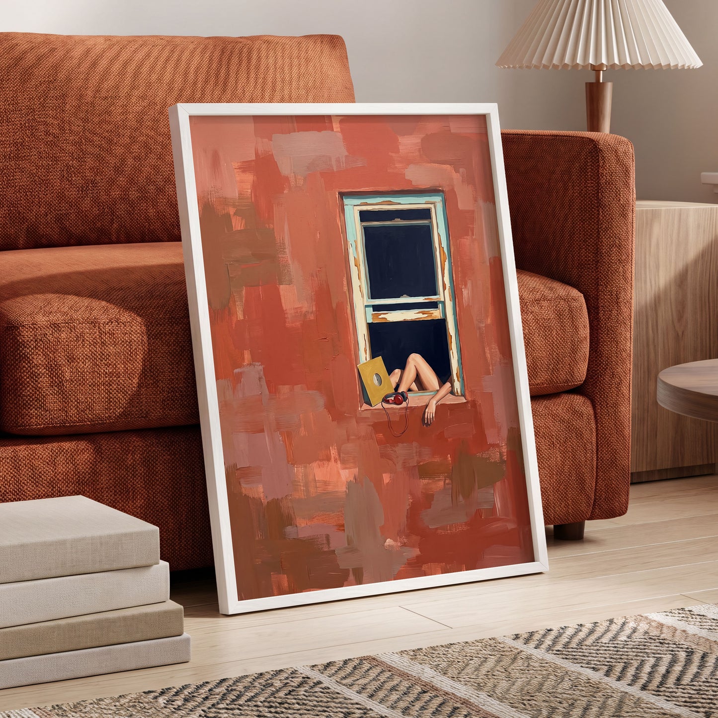 Records by the Window, orange, brown, blue abstract wall art displayed in a styled interior, gallery view 2