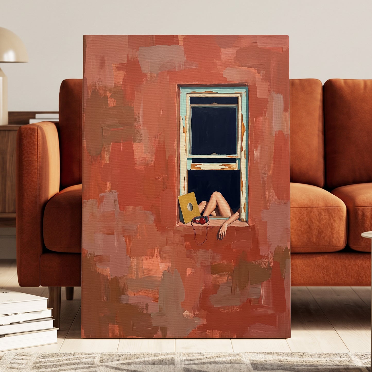 Records by the Window, orange, brown, blue abstract wall art displayed in a styled interior, gallery view 3