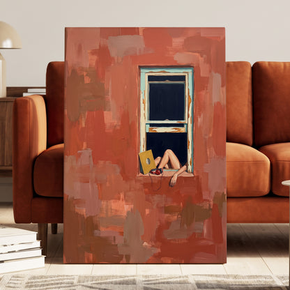 Records by the Window, orange, brown, blue abstract wall art displayed in a styled interior, gallery view 3