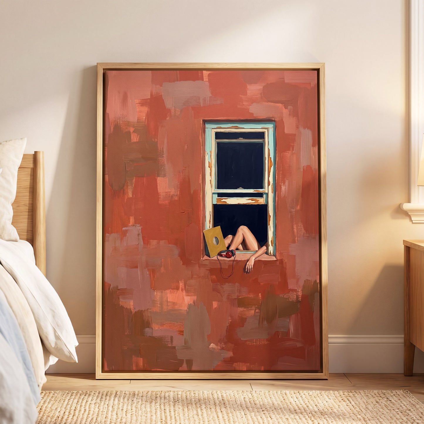 Records by the Window, orange, brown, blue abstract wall art displayed in a styled interior, gallery view 4