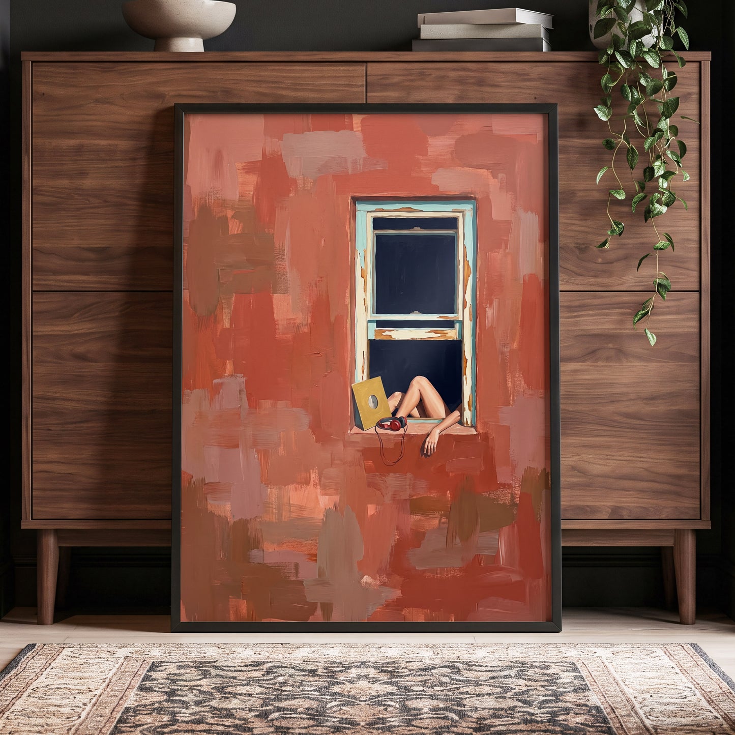 Records by the Window, orange, brown, blue abstract wall art displayed in a styled interior, gallery view 6