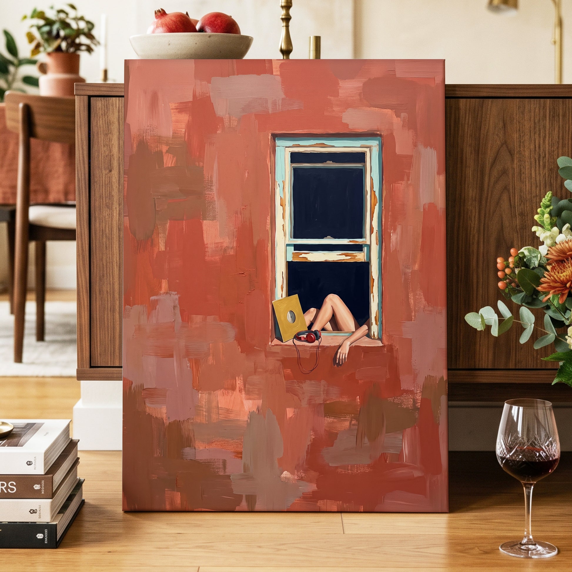 Records by the Window, orange, brown, blue abstract wall art displayed in a styled interior, gallery view 7