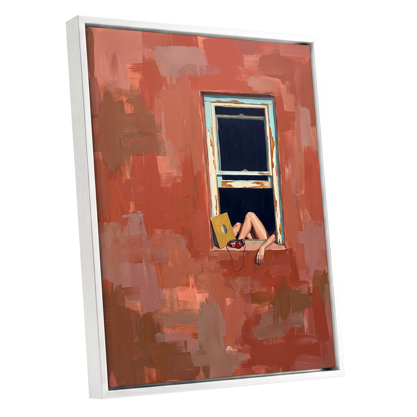Records by the Window, orange, brown, blue abstract wall art shown as a white framed canvas wall art