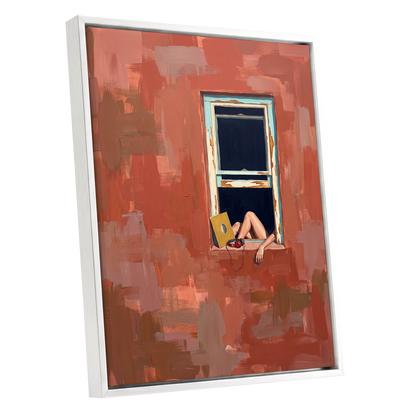 Records by the Window, orange, brown, blue abstract wall art shown as a white framed canvas wall art