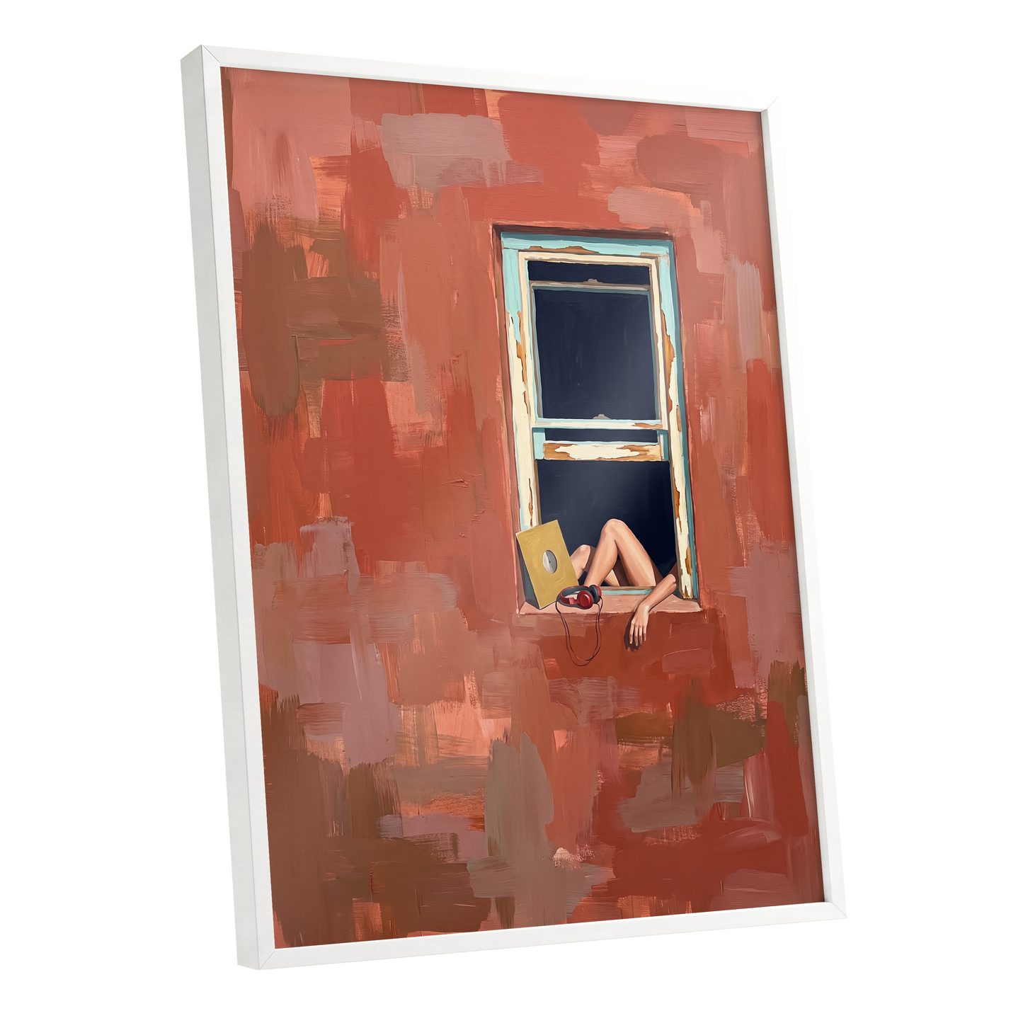 Records by the Window, orange, brown, blue abstract wall art shown as a white framed poster wall art print