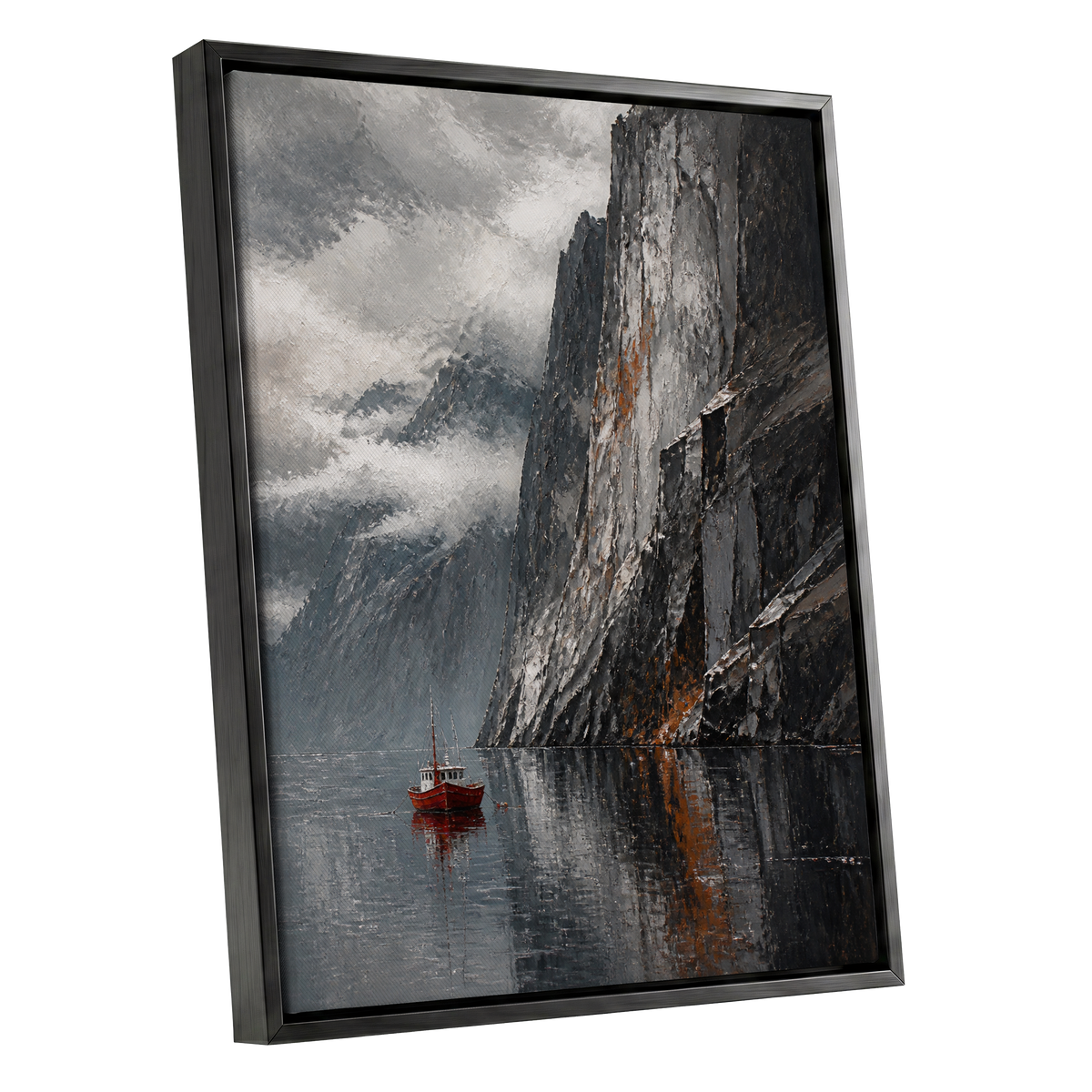 Red Boat Beneath Giants, gray, black, white nature wall art shown as a black framed canvas wall art