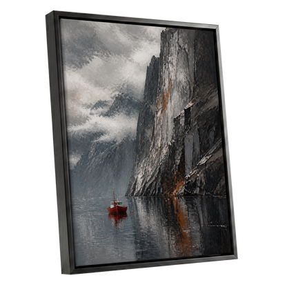Red Boat Beneath Giants, gray, black, white nature wall art shown as a black framed canvas wall art