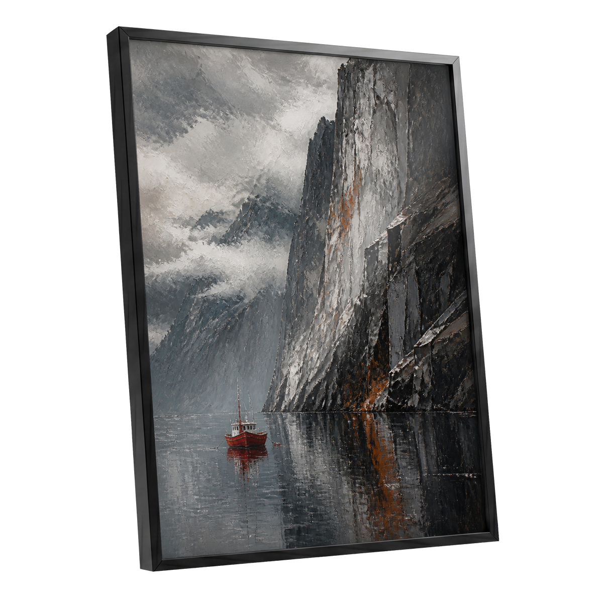 Red Boat Beneath Giants, gray, black, white nature wall art shown as a black framed poster wall art print
