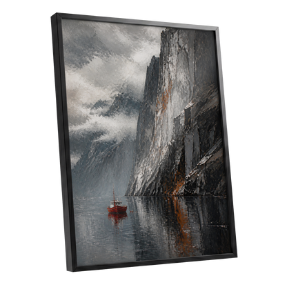 Red Boat Beneath Giants, gray, black, white nature wall art shown as a black framed poster wall art print