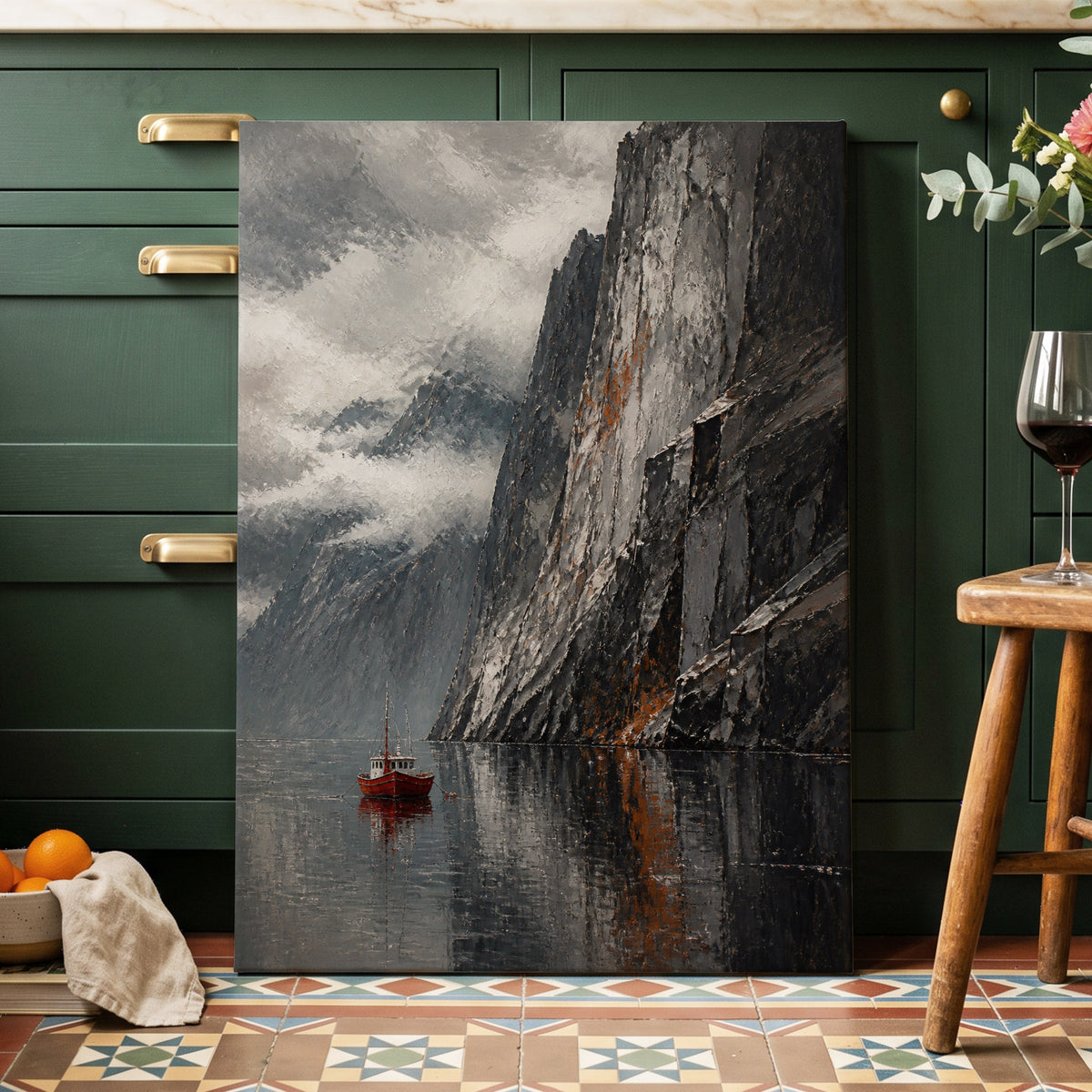 Red Boat Beneath Giants, gray, black, white nature wall art on canvas displayed in a styled interior, gallery view 1