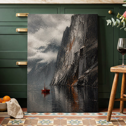 Red Boat Beneath Giants, gray, black, white nature wall art on canvas displayed in a styled interior, gallery view 1