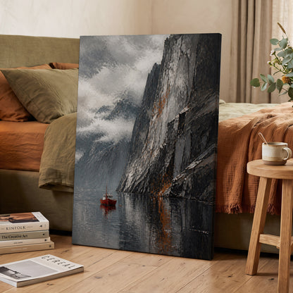 Red Boat Beneath Giants, gray, black, white nature wall art on canvas displayed in a styled interior, gallery view 2